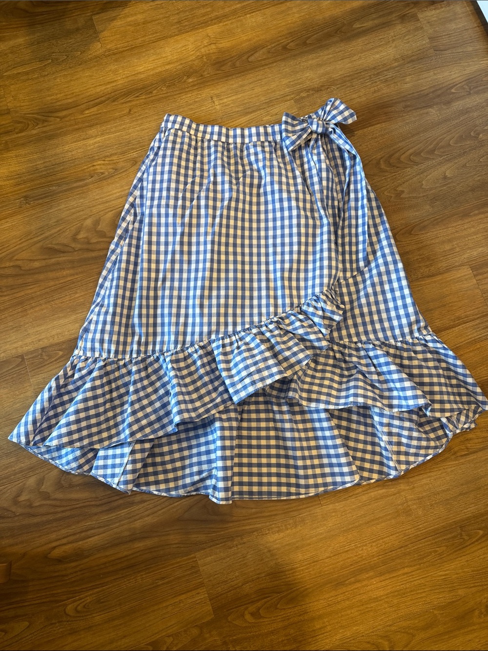 J. Crew Factory Blue and White Gingham High-Low Ruffle Wrap Skirt